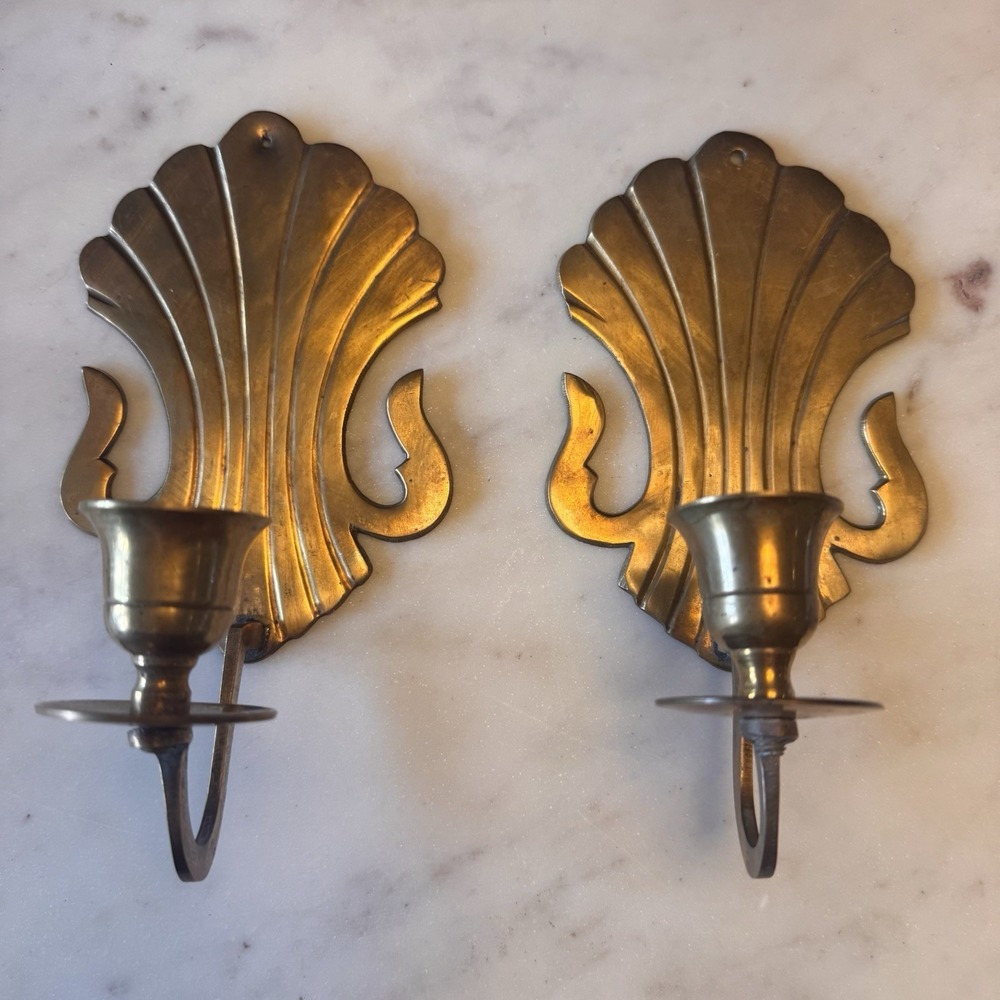 Pair Of Vintage Solid Brass Scalloped Shell Wall Sconce Candle Holders